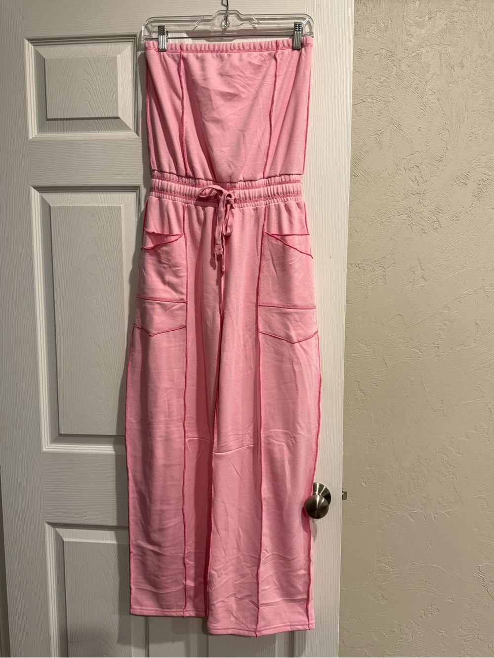 Strapless Pink Casual Jumpsuit with Drawstring Waist